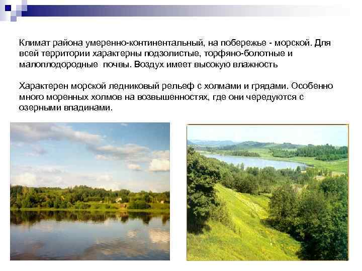 Климат района умеренно-континентальный, на побережье - морской. Для всей территории характерны подзолистые, торфяно-болотные и