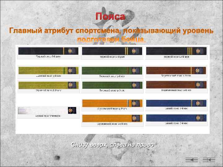   Пояса Снизу вверх, слева на право 