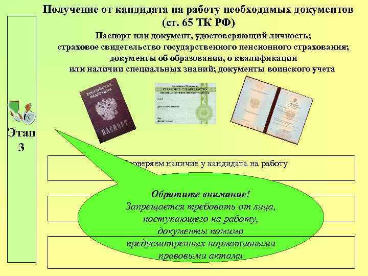 Получение от кандидата на работу необходимых документов (ст. 65 ТК РФ) Паспорт или документ,