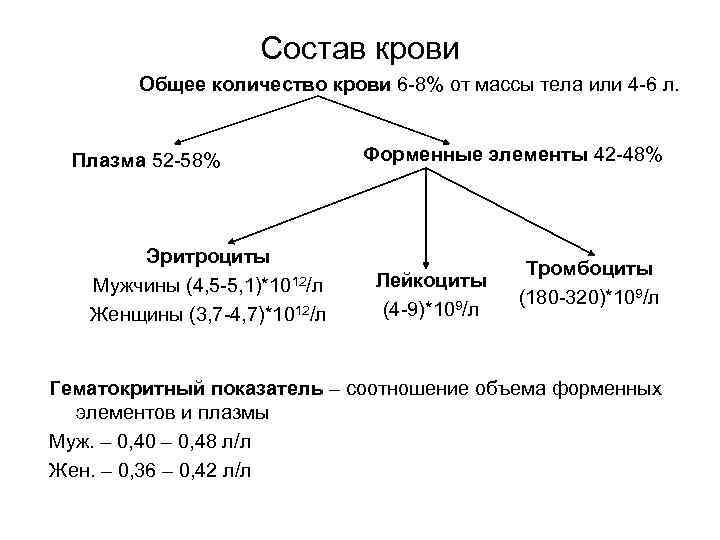 Состав крови Общее количество крови 6 -8% от массы тела или 4 -6 л.