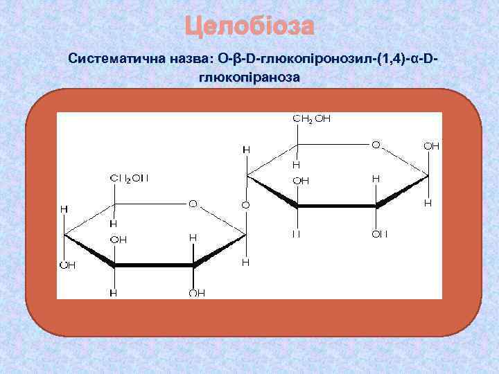 Целобіоза Систематична назва: О-β-D-глюкопіронозил-(1, 4)-α-Dглюкопіраноза 