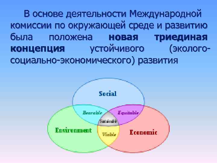 В основе деятельности Международной комиссии по окружающей среде и развитию была положена новая триединая