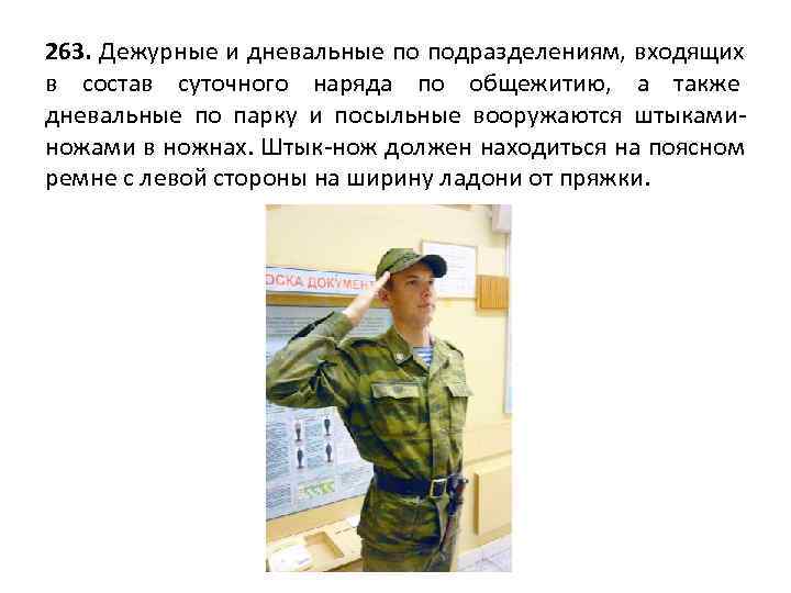 263. Дежурные и дневальные по подразделениям, входящих в состав суточного наряда по общежитию, а