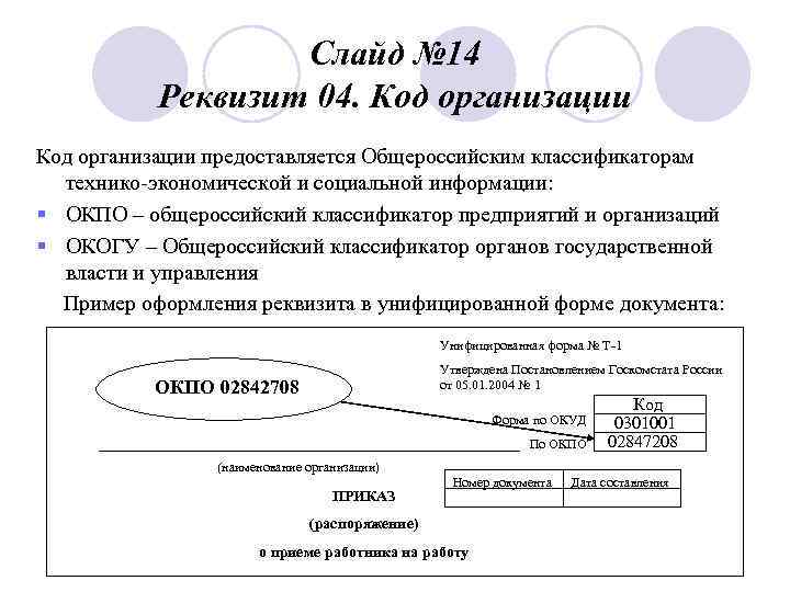      Слайд № 14   Реквизит 04. Код организации