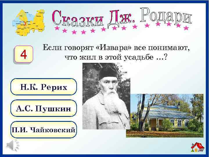 4 Если говорят «Извара» все понимают, что жил в этой усадьбе …? Н. К.