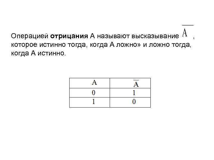 Операцией отрицания А называют высказывание   , которое истинно тогда, когда А ложно»