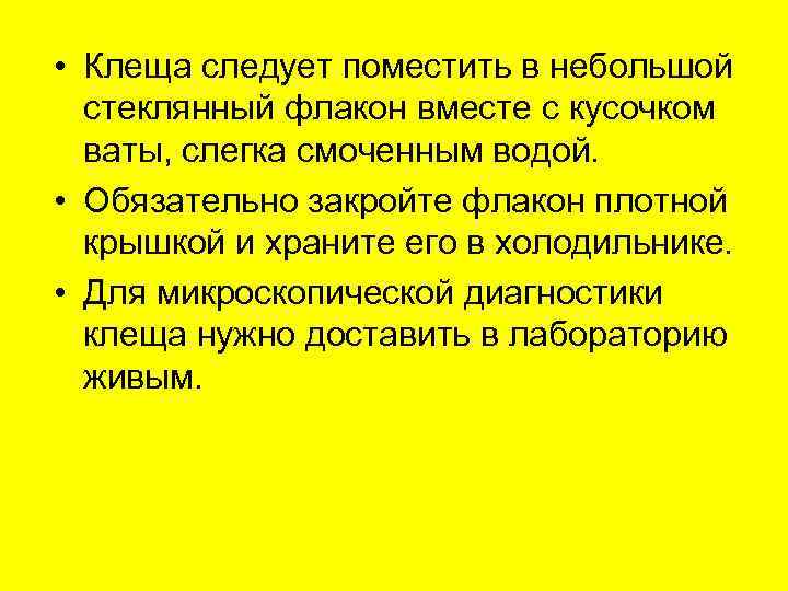  • Клеща следует поместить в небольшой  стеклянный флакон вместе с кусочком 