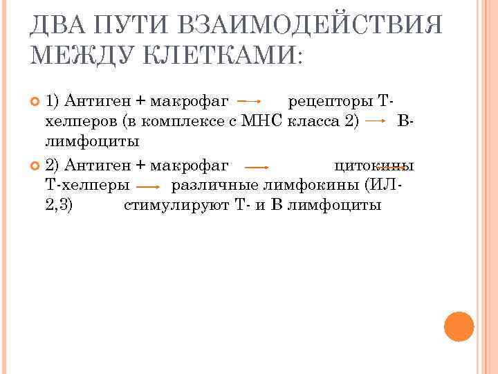 ДВА ПУТИ ВЗАИМОДЕЙСТВИЯ МЕЖДУ КЛЕТКАМИ:  1) Антиген + макрофаг  рецепторы Т- 