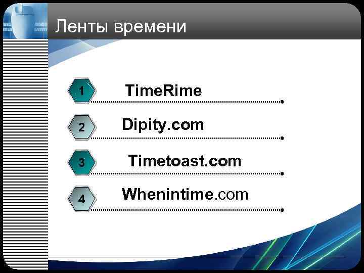 Ленты времени 1 Time. Rime 2 Dipity. com 3 Timetoast. com 4 Whenintime. com