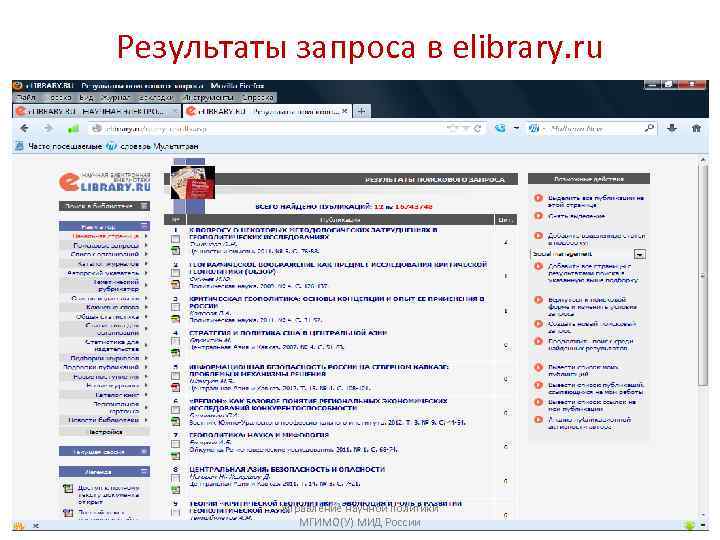 Результаты запроса в elibrary. ru    Управление научной политики   МГИМО(У)