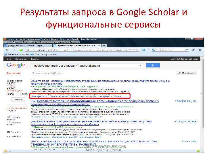Результаты запроса в Google Scholar и функциональные сервисы   Управление научной политики 