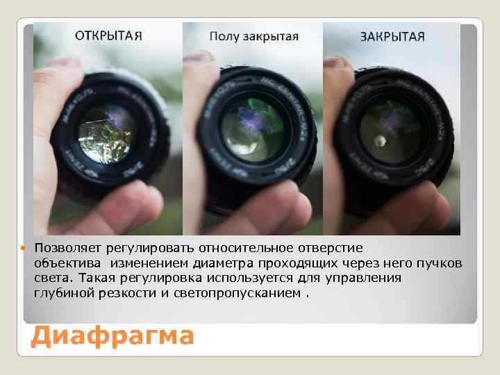   Позволяет регулировать относительное отверстие объектива изменением диаметра проходящих через него пучков света.