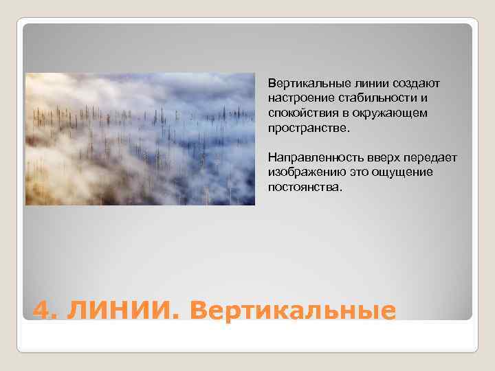 Вертикальные линии создают настроение стабильности и спокойствия в окружающем пространстве. Направленность вверх передает изображению