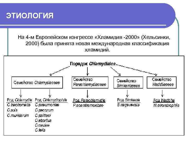 ЭТИОЛОГИЯ На 4 -м Европейском конгрессе «Хламидия -2000» (Хельсинки, 2000) была принята новая международная