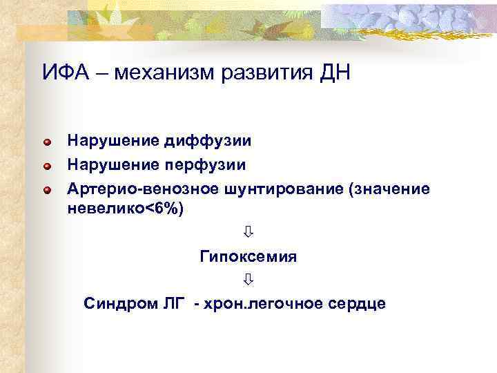 ИФА – механизм развития ДН  Нарушение диффузии Нарушение перфузии Артерио-венозное шунтирование (значение 