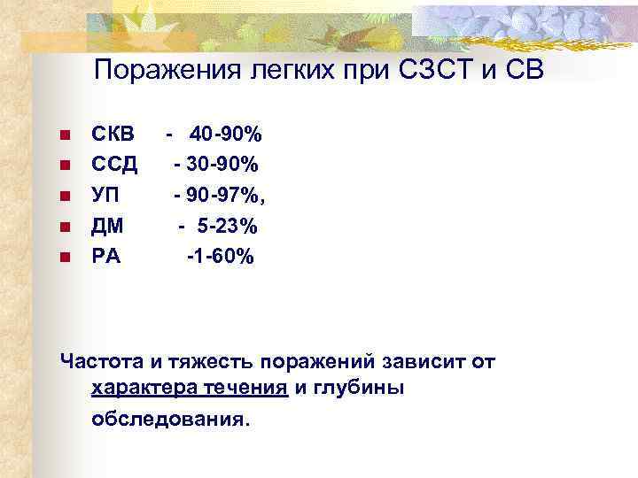   Поражения легких при СЗСТ и СВ n  СКВ -  40
