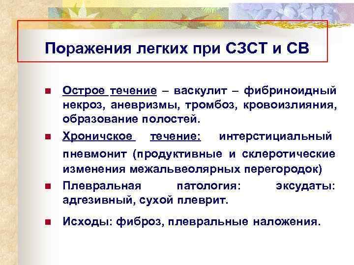 Поражения легких при СЗСТ и СВ n  Острое течение – васкулит – фибриноидный