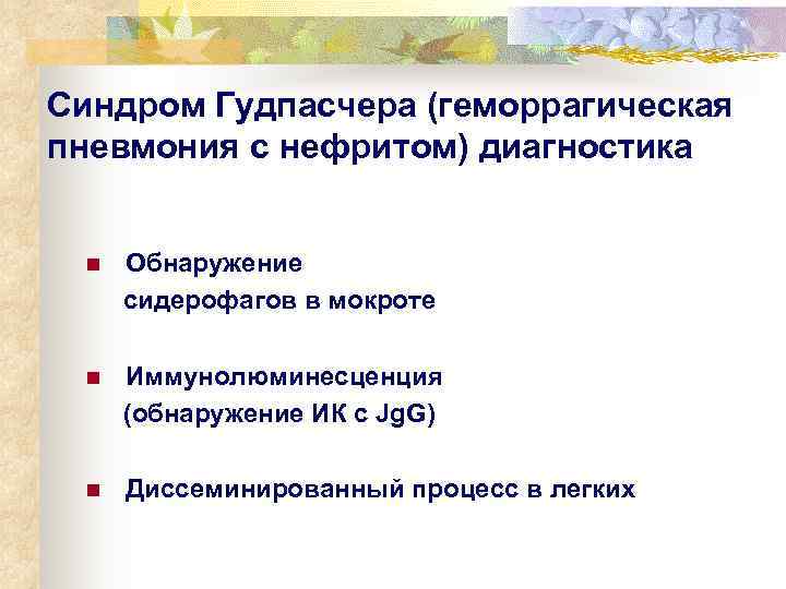 Синдром Гудпасчера (геморрагическая пневмония с нефритом) диагностика n  Обнаружение   сидерофагов в