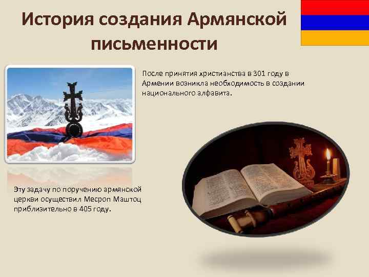  История создания Армянской   письменности       После