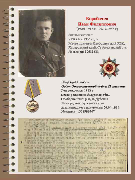 Коробочка Иван Филиппович (19. 01. 1913 г - 25. 12. 1988 г) Звание: капитан