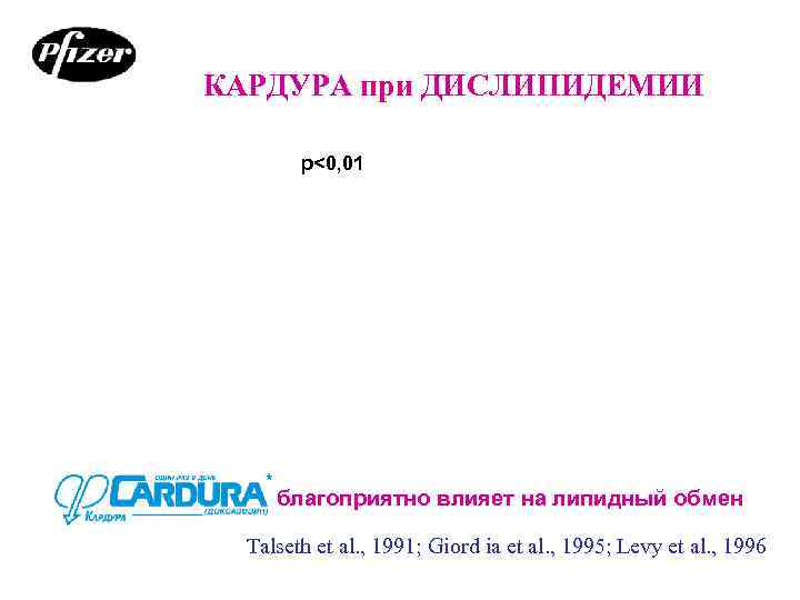 КАРДУРА при ДИСЛИПИДЕМИИ   р<0, 01   благоприятно влияет на липидный обмен