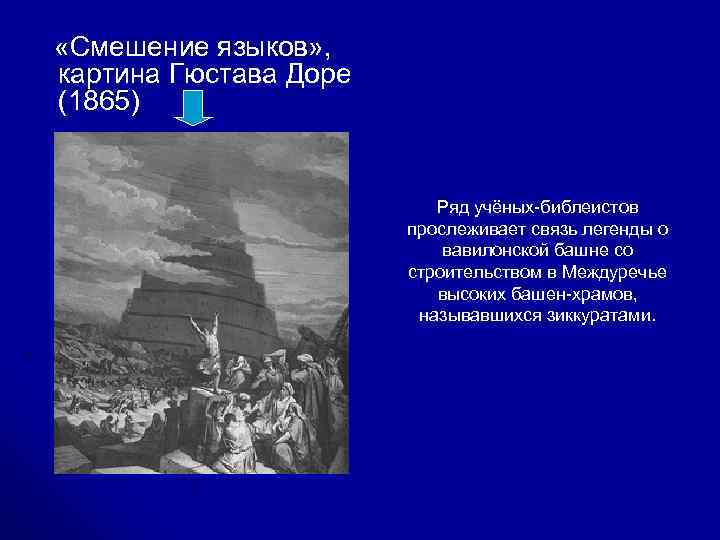  «Смешение языков» , картина Гюстава Доре (1865)     Ряд учёных-библеистов