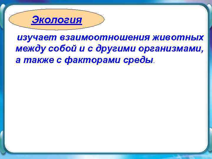   Экология изучает взаимоотношения животных между собой и с другими организмами, а также