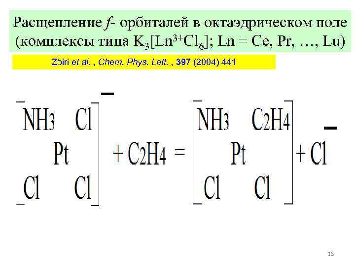 Расщепление f- орбиталей в октаэдрическом поле (комплексы типа K 3[Ln 3+Cl 6]; Ln =