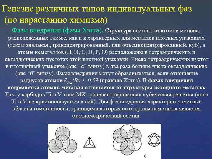 Генезис различных типов индивидуальных фаз (по нарастанию химизма) Фазы внедрения (фазы Хэгга). Структура состоит