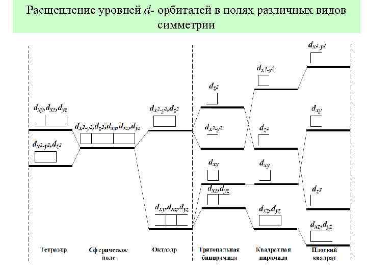 Расщепление уровней d- орбиталей в полях различных видов симметрии 12 