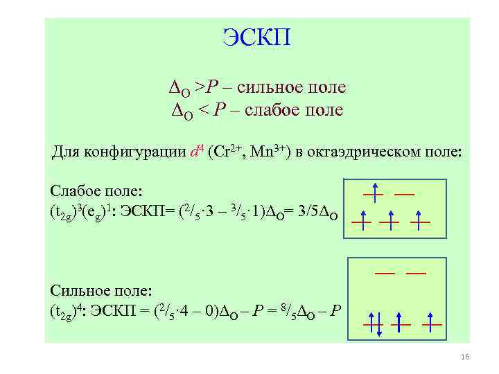 ЭСКП ΔO >P – сильное поле ΔO < P – слабое поле Для конфигурации