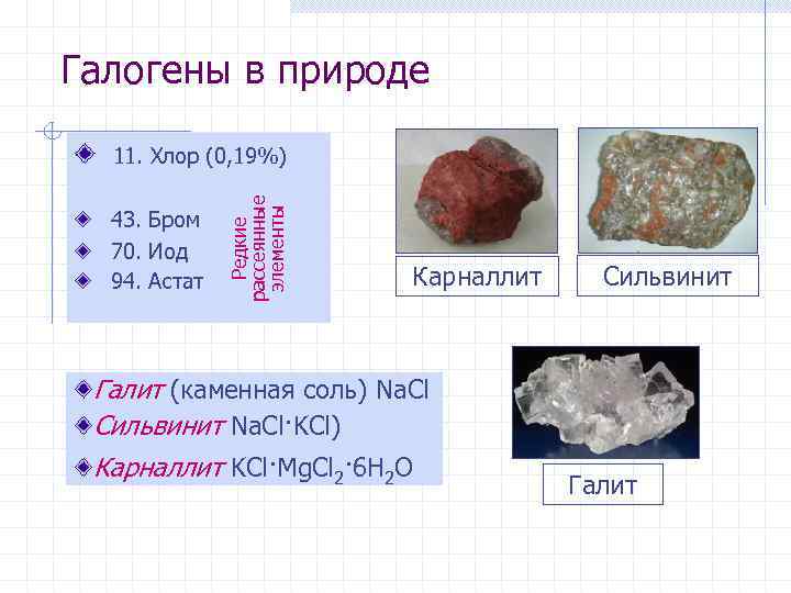 Галогены в природе 11. Хлор (0, 19%)    рассеянные   элементы
