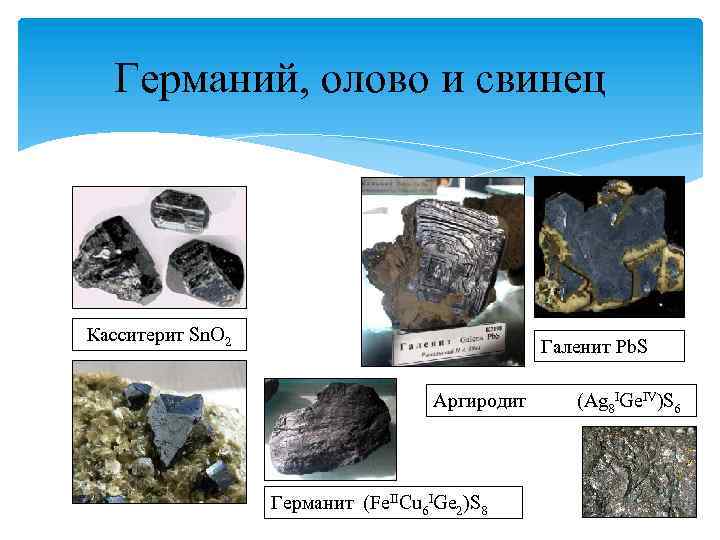 Германий, олово и свинец Касситерит Sn. O 2 Галенит Pb. S Аргиродит Германит (Fe.