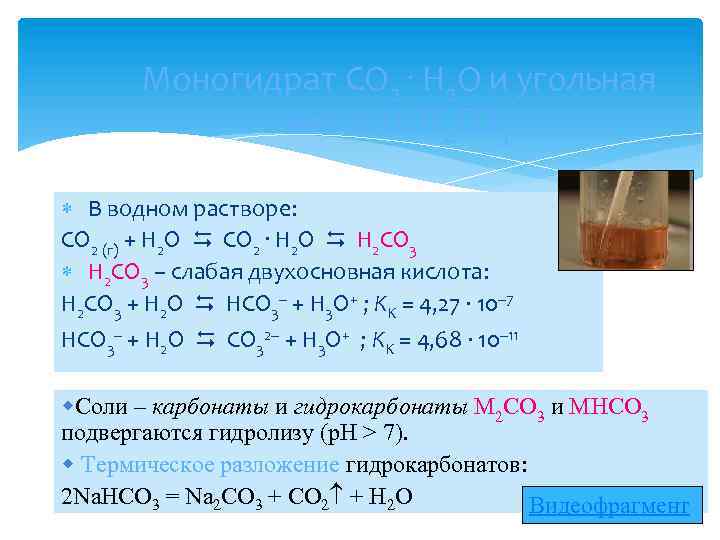 Моногидрат CO 2. H 2 O и угольная кислота H 2 CO 3 В