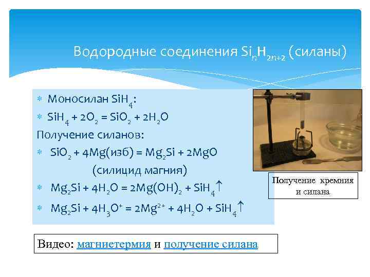 Водородные соединения Sin. H 2 n+2 (силаны) Моносилан Si. H 4: Si. H 4