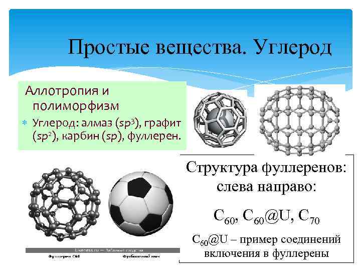 Простые вещества. Углерод Аллотропия и полиморфизм Углерод: алмаз (sp 3), графит (sp 2), карбин