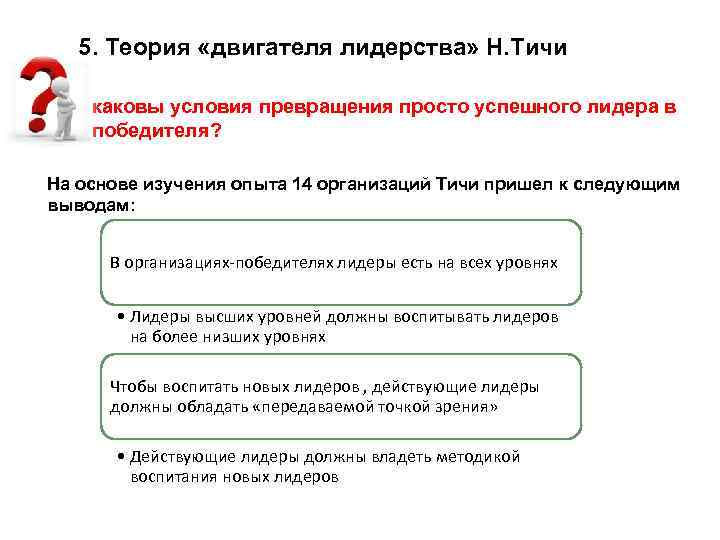 Каковы условия работы. Теория «двигателя лидерства» н. тичи. Концепция двигателя лидерства. Модель лидерства тичи. Концепцию «двигателя лидерства» разработал:.