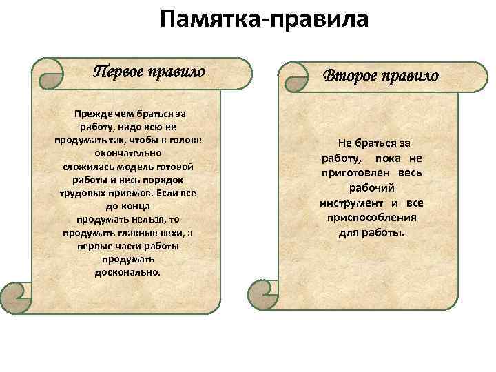 Памятка-правила Первое правило Второе правило Прежде чем браться за работу, надо всю ее продумать