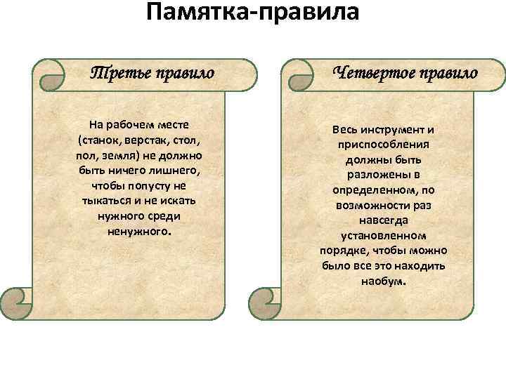 Памятка-правила Третье правило На рабочем месте (станок, верстак, стол, пол, земля) не должно быть