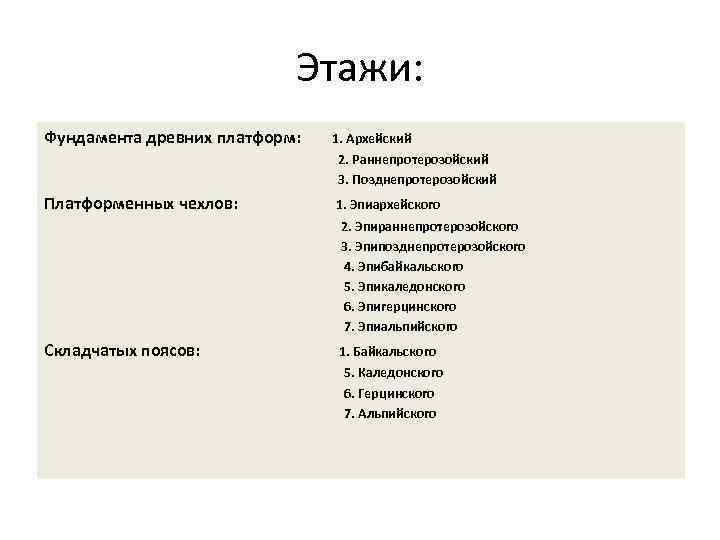       Этажи: Фундамента древних платформ:  1. Архейский 