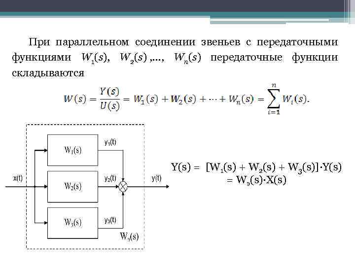 При параллельном соединении звеньев с передаточными функциями W 1(s), W 2(s) , …, Wn(s)