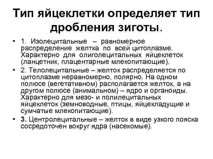 Тип яйцеклетки определяет тип дробления зиготы. • 1. Изолецитальные – равномерное распределение желтка по
