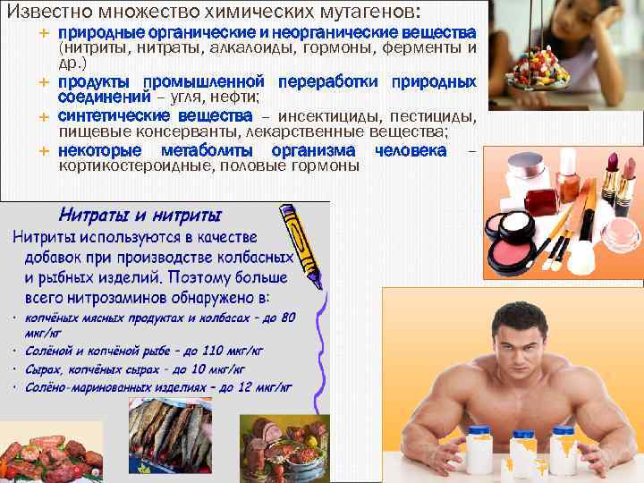 Известно множество химических мутагенов: природные органические и неорганические вещества (нитриты, нитраты, алкалоиды, гормоны, ферменты