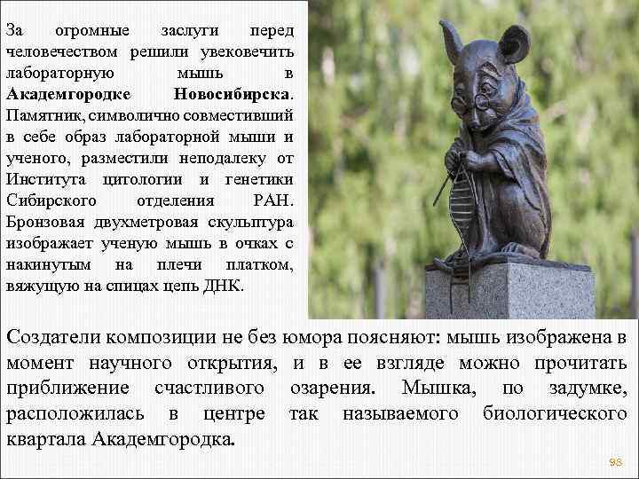За огромные заслуги перед человечеством решили увековечить лабораторную мышь в Академгородке Новосибирска. Памятник, символично