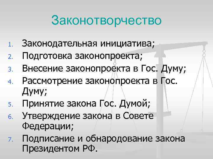 Законотворчество 1. 2. 3. 4. 5. 6. 7. Законодательная инициатива; Подготовка законопроекта; Внесение законопроекта