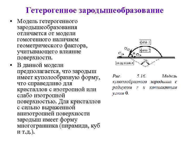 Гетерогенное зародышеобразование • Модель гетерогенного зародышеобразования отличается от модели гомогенного наличием геометрического фактора, учитывающего