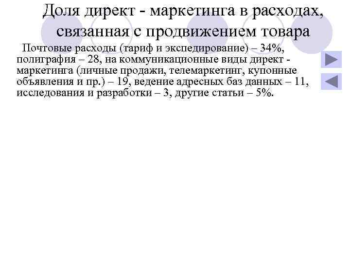  Доля директ - маркетинга в расходах,   связанная с продвижением товара Почтовые
