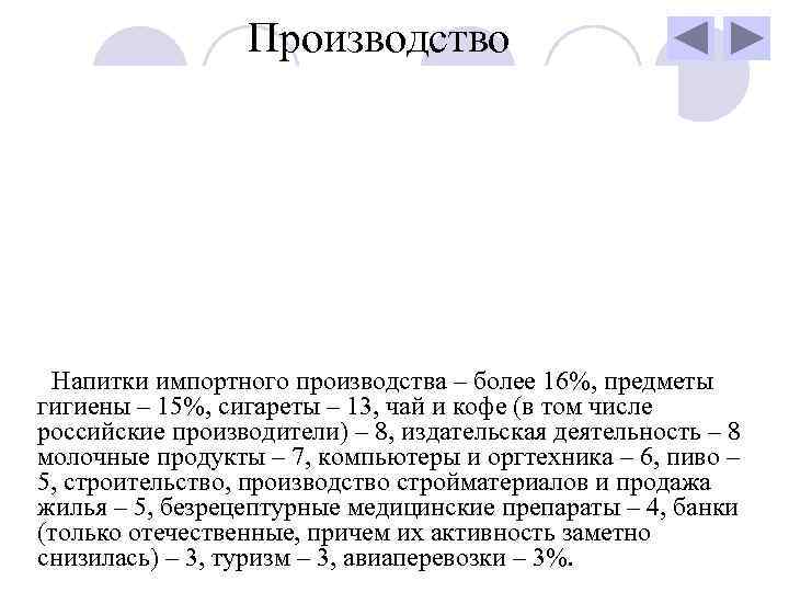    Производство Напитки импортного производства – более 16%, предметы гигиены – 15%,