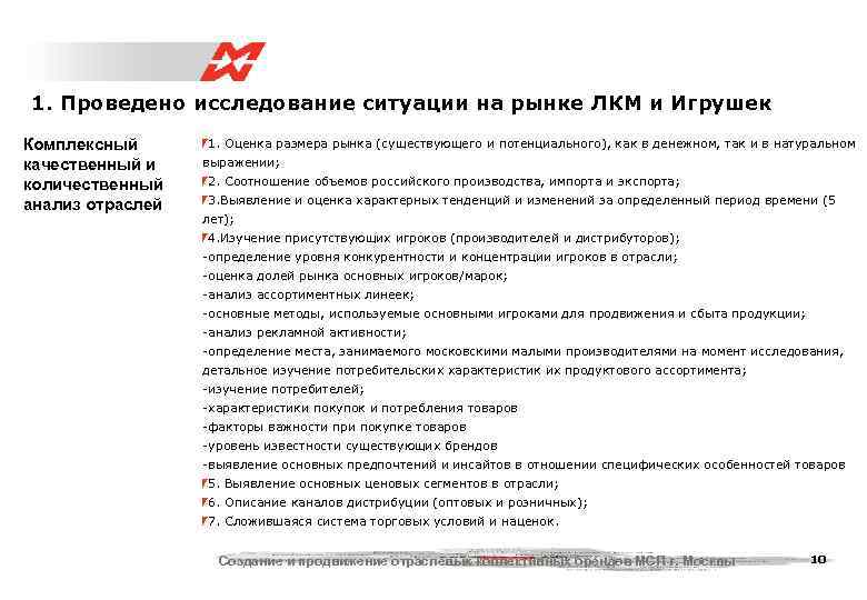 1. Проведено исследование ситуации на рынке ЛКМ и Игрушек Комплексный  1. Оценка размера