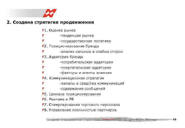2. Создана стратегия продвижения   1. Оценка рынка     -тенденции